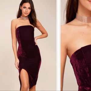 Burgundy Velvet Strapless Bodycon Midi Dress